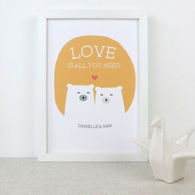 Cute Bear Love Print 'Love Is All You Need' - sunshine yellow - Personalised print - anniversary gift - wedding gift - 7 colours - valentine - Unmounted A4 Print (£17.95) Pink