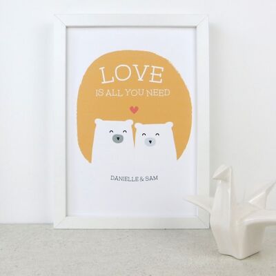 Cute Bear Love Print 'Love Is All You Need' - sunshine yellow - Personalised print - anniversary gift - wedding gift - 7 colours - valentine - Unmounted A4 Print (£17.95) Sunshine Yellow