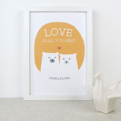 Cute Bear Love Print 'Love Is All You Need' - sunshine yellow - Personalised print - anniversary gift - wedding gift - 7 colours - valentine - Mounted Print (£24.95) Pink