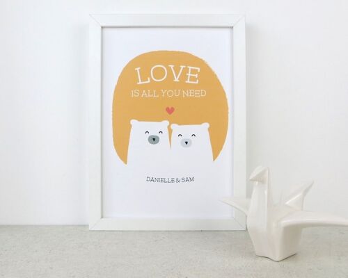 Cute Bear Love Print 'Love Is All You Need' - sunshine yellow - Personalised print - anniversary gift - wedding gift - 7 colours - valentine - Mounted Print (£24.95) Sunshine Yellow