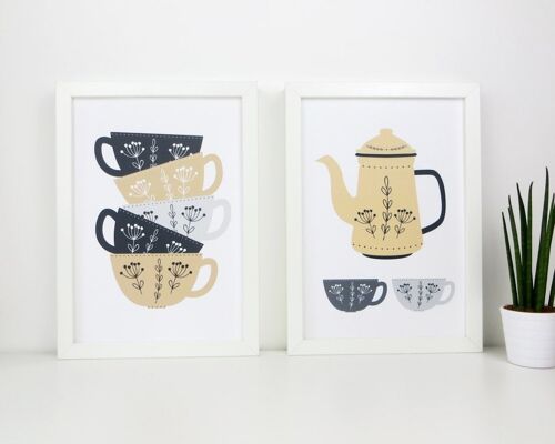 Teapot Kitchen Art – Sandy Yellow Coffee Prints – Kitchen Art – tea art print – coffee art print – yellow and grey print - kitchen wall art - A4 prints unmounted (£22.00)