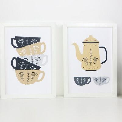 Teapot Kitchen Art – Sandy Yellow Coffee Prints – Kitchen Art – tea art print – coffee art print – yellow and grey print - kitchen wall art - A4 prints unmounted (£22.00)