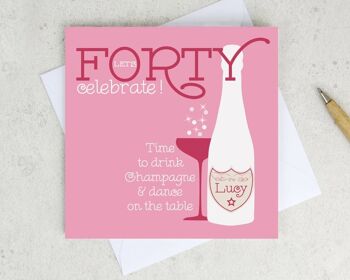 Carte Champagne 40e Anniversaire Personnalisée - Rose 1