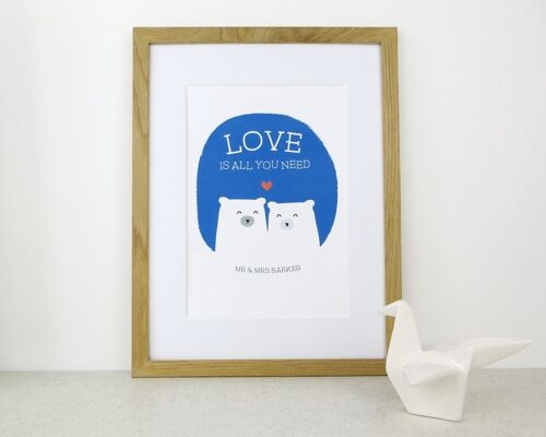 Cute Bear Love Print 'Love Is All You Need' - dark blue - Personalised print - anniversary gift - wedding print - valentines - 7 colours - Unmounted A4 Print (£17.95) Pink