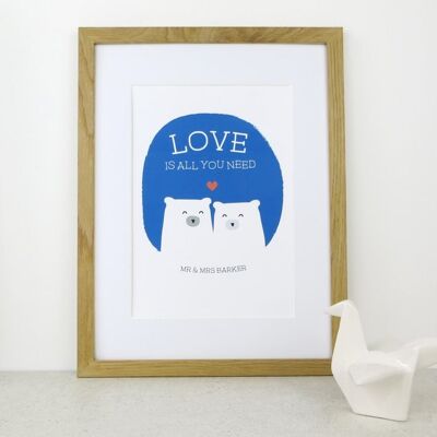 Cute Bear Love Print 'Love Is All You Need' - dark blue - Personalised print - anniversary gift - wedding print - valentines - 7 colours - Unmounted A4 Print (£17.95) Pink