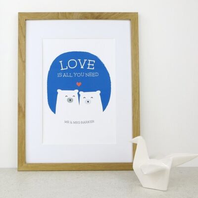 Cute Bear Love Print 'Love Is All You Need' - dark blue - Personalised print - anniversary gift - wedding print - valentines - 7 colours - Unmounted A4 Print (£17.95) Red