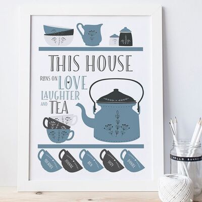 Scandi Teapot Family Tea Print - Impresión familiar personalizada - regalo de inauguración de la casa - nuevo regalo para el hogar - impresión de arte de té - regalo para mamá - amante del té - Impresión A4 sin montar (£ 18.00) Arena - 2 tazas