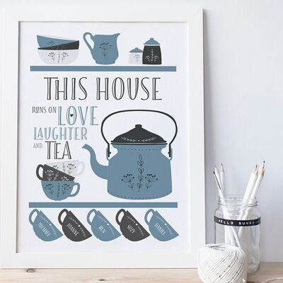Scandi Teapot Family Tea Print - Personalised family print - housewarming gift - new home gift - tea art print - gift for mum - tea lover - Unmounted A4 Print (£18.00) Blue - 2 cups