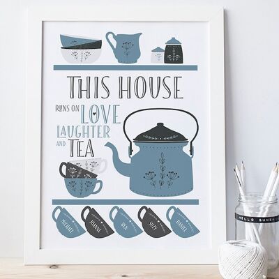 Scandi Teapot Family Tea Print - Personalised family print - housewarming gift - new home gift - tea art print - gift for mum - tea lover - Unmounted A4 Print (£18.00) Green - 4 cups