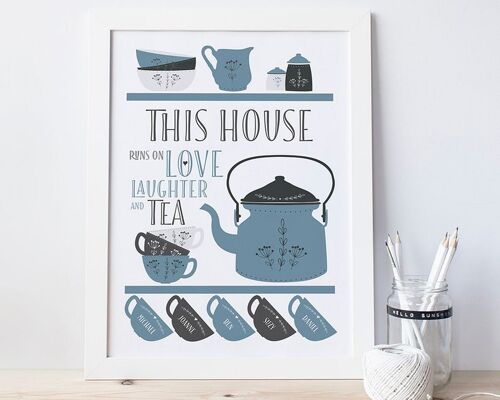 Scandi Teapot Family Tea Print - Personalised family print - housewarming gift - new home gift - tea art print - gift for mum - tea lover - Print in White Mount (£25.00) Blue - 3 cups