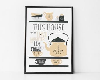Scandi Teapot Family Tea Print - Impression familiale personnalisée - cadeau de pendaison de crémaillère - nouveau cadeau à la maison - impression d'art de thé - cadeau pour maman - amateur de thé - Impression en monture blanche (25,00 £) Bleu - 3 tasses 2