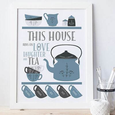 Scandi Teapot Family Tea Print - Impresión familiar personalizada - regalo de inauguración de la casa - nuevo regalo para el hogar - impresión de arte de té - regalo para mamá - amante del té - Impresión en White Mount (£ 25.00) Verde - 4 tazas