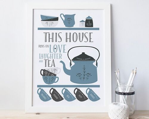 Scandi Teapot Family Tea Print - Personalised family print - housewarming gift - new home gift - tea art print - gift for mum - tea lover - Oak Frame + Mount (£60.00) Blue - 2 cups