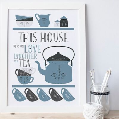 Scandi Teapot Family Tea Print - Personalised family print - housewarming gift - new home gift - tea art print - gift for mum - tea lover - White Frame + Mount (£60.00) Green - 5 cups