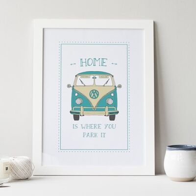 Camper Van Print 'Home Is Where You Park It' - regalo de aniversario - regalo de boda - impresión de autocaravana vintage - impresión personalizada - Impresión A4 sin montar (£ 18.00) Pantalla dividida roja