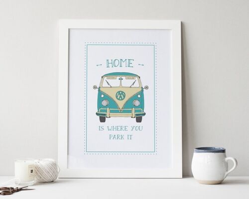 Camper Van Print 'Home Is Where You Park It' - anniversary gift - wedding present - vintage camper van print - personalised print - Unmounted A4 Print (£18.00) Mint Green Baywindow