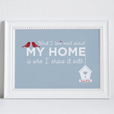 Home Love Print 'What I love most about my home is who I share it with' - blue personalised print - housewarming gift - home decor - home - Unmounted A4 Print (£18.00)