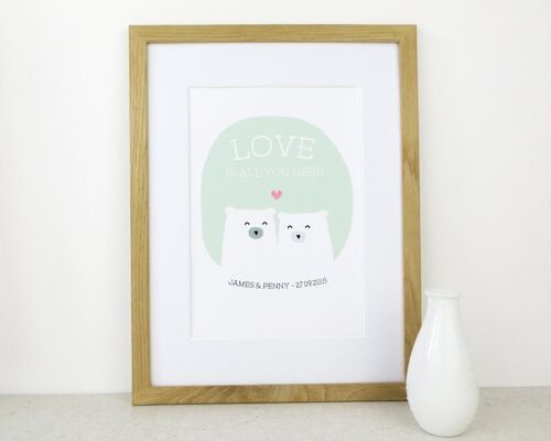 Cute Bear Love Print 'Love Is All You Need' - mint green - Personalised print - anniversary gift - wedding print - valentines - 7 colours - Unmounted A4 Print (£17.95) Gray