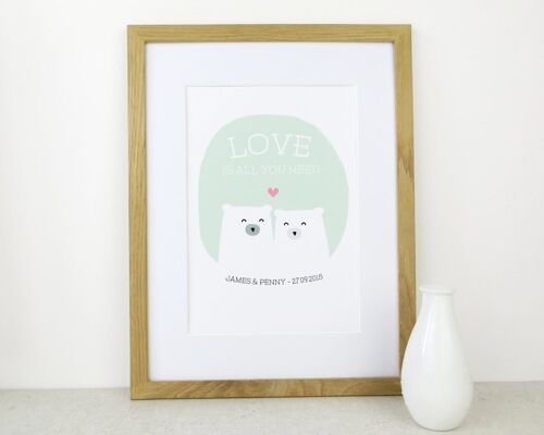 Cute Bear Love Print 'Love Is All You Need' - mint green - Personalised print - anniversary gift - wedding print - valentines - 7 colours - Unmounted A4 Print (£17.95) Mint Green