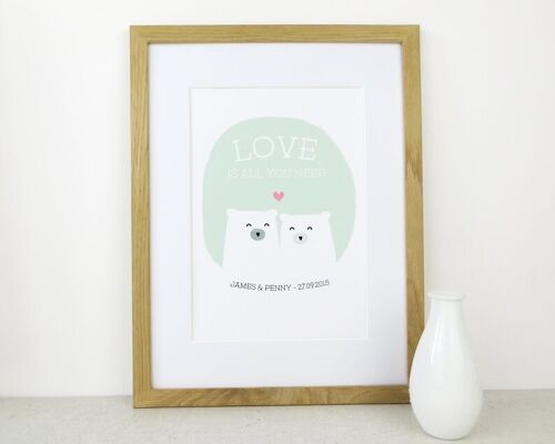 Cute Bear Love Print 'Love Is All You Need' - mint green - Personalised print - anniversary gift - wedding print - valentines - 7 colours - Mounted Print (£24.95) Sunshine Yellow