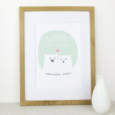 Cute Bear Love Print 'Love Is All You Need' - verde menta - Impresión personalizada - regalo de aniversario - impresión de boda - San Valentín - 7 colores - Lámina montada (£ 24,95) Amarillo sol