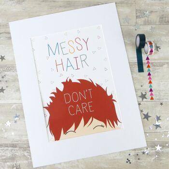 Décoration de chambre d'enfant 'Messy Hair Don't Care' - Impression A4 non montée (£ 18.00) Rouge 3