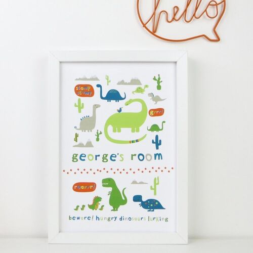 Children's Dinosaur Print - personalized print - name print - room print - nursery decor - birthday gift - gift for boys - dinosaur lover - Mounted 16x12" Print (£25.00)