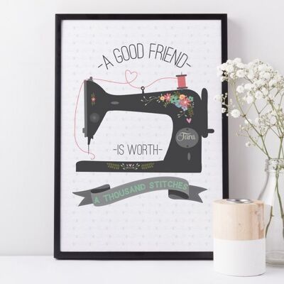 Good Friend Sewing quote print - personalised print - craft room decor - friendship print - print for best friends - sewing machine - Unmounted A4 Print (£18.00)