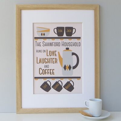 Family Coffee Lover Druck: 'Love Laughter and Coffee' - gelbgrauer personalisierter Druck - Kaffeegeschenk - Küchendruck - Einweihungsgeschenk - Unmontierter A4-Druck (£ 17,95) Gelb/Grau - 3 Tassen