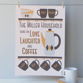 Impression Family Coffee Lover : 'Love Laughter and Coffee' - impression personnalisée gris jaune - cadeau café - impression cuisine - cadeau de pendaison de crémaillère - Impression A4 non montée (17,95 £) Jaune/Gris - 3 tasses 2