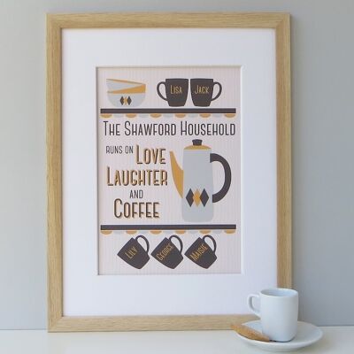 Family Coffee Lover Druck: 'Love Laughter and Coffee' - gelbgrauer personalisierter Druck - Kaffeegeschenk - Küchendruck - Einzugsgeschenk - Unmontierter A4-Druck (£ 17,95) Gelb/Grau - 4 Tassen