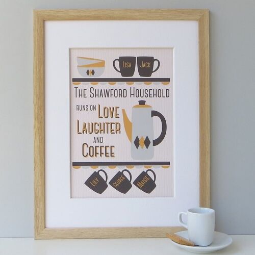 Family Coffee Lover print: 'Love Laughter and Coffee' - yellow gray personalized print - coffee gift - kitchen print - housewarming gift - Unmounted A4 Print (£17.95) Yellow/Grey - 6 cups