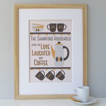Impression Family Coffee Lover : 'Love Laughter and Coffee' - impression personnalisée gris jaune - cadeau café - impression cuisine - cadeau de pendaison de crémaillère - Impression encadrée chêne (54,95 £) Jaune/Gris - 2 tasses 1