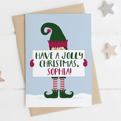 Personalised Elf Christmas Card - childrens xmas card - daughter xmas card - son xmas card - grandson xmas card - elf xmas card - xmas elf