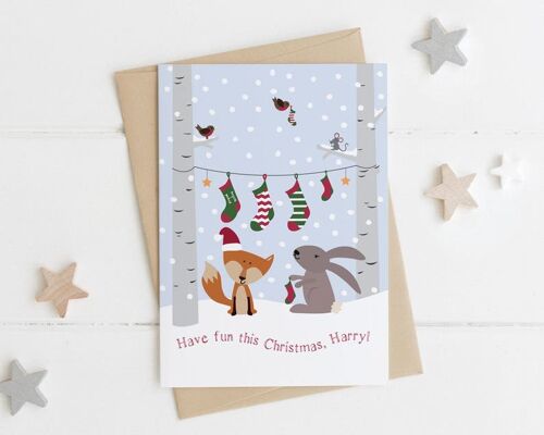 Personalised Woodland Animal Christmas Card - childrens xmas card - xmas stocking card for kids - son xmas card - daughter xmas card