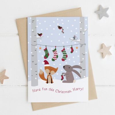 Carte de Noël personnalisée Woodland Animal - carte de Noël pour enfants - carte de bas de Noël pour enfants - carte de Noël fils - carte de Noël fille