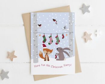 Carte de Noël personnalisée Woodland Animal - carte de Noël pour enfants - carte de bas de Noël pour enfants - carte de Noël fils - carte de Noël fille