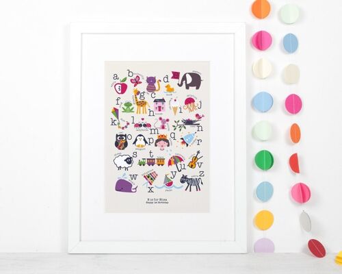 Educational A-Z Alphabet Nursery Print for Children, colourful and personalised. Perfect for a new baby gift or a christening / baptism gift - A4 Print Only (£18.00)