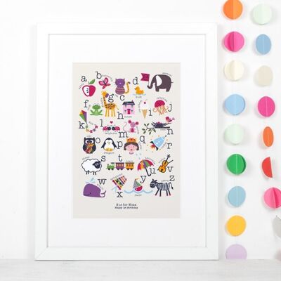 Pädagogischer A-Z-Alphabet-Kindergarten-Druck für Kinder, bunt und personalisiert. Perfekt für ein neues Babygeschenk oder ein Geschenk zur Taufe/Taufe – nur A4-Druck (£18.00)