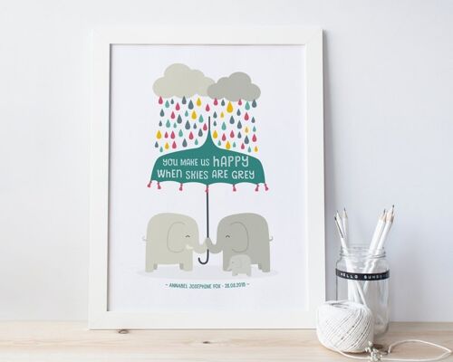Baby Nursery Print - You Make Us Happy When Skies Are Grey - personalised print - christening gift - elephant nursery - new baby print - uk - Unmounted A4 Print (£18.00)