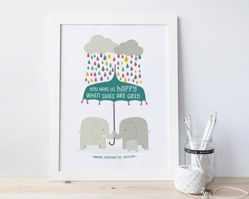 Baby Nursery Print - You Make Us Happy When Skies Are Grey - personalised print - christening gift - elephant nursery - new baby print - uk - Mounted 30x40cm (£25.00)