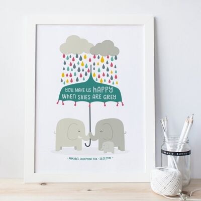 Impresión de guardería de bebé - Nos haces felices cuando los cielos son grises - impresión personalizada - regalo de bautizo - guardería de elefantes - nueva impresión de bebé - Reino Unido - Roble Lámina enmarcada (£ 60.00)