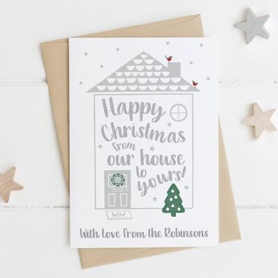 Personalisierte From Our House to Yours Weihnachtskarte – Weihnachtskarte für Freunde – über die Meilen Weihnachtskarte – von der Familie Weihnachten
