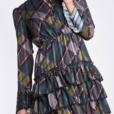 Patterned V Neck Ruffle Bow Dress__