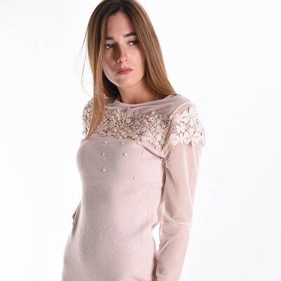Los Sclavo Lace tulle dress with pearls__