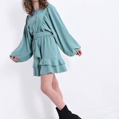Los Sclavo Button Belted Ruffle Dress__