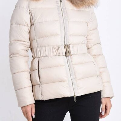 Zipped Hooded Belted Down Jacket With Pockets__