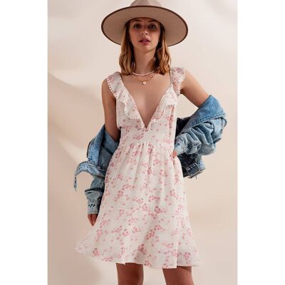 Plunge Neck Swing Mini Dress in Floral Rose__