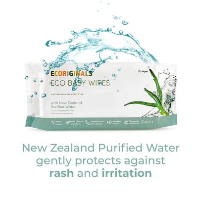 Ecoriginals 1 Pack of 70 Pack Purified New Zealand Water Baby Eco Wipes, Plant Based + Biodegradable