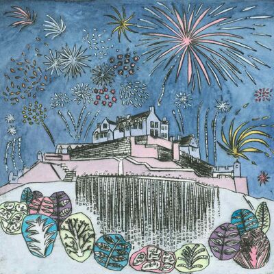 Edinburgh Castle fireworks, signed reproduction print